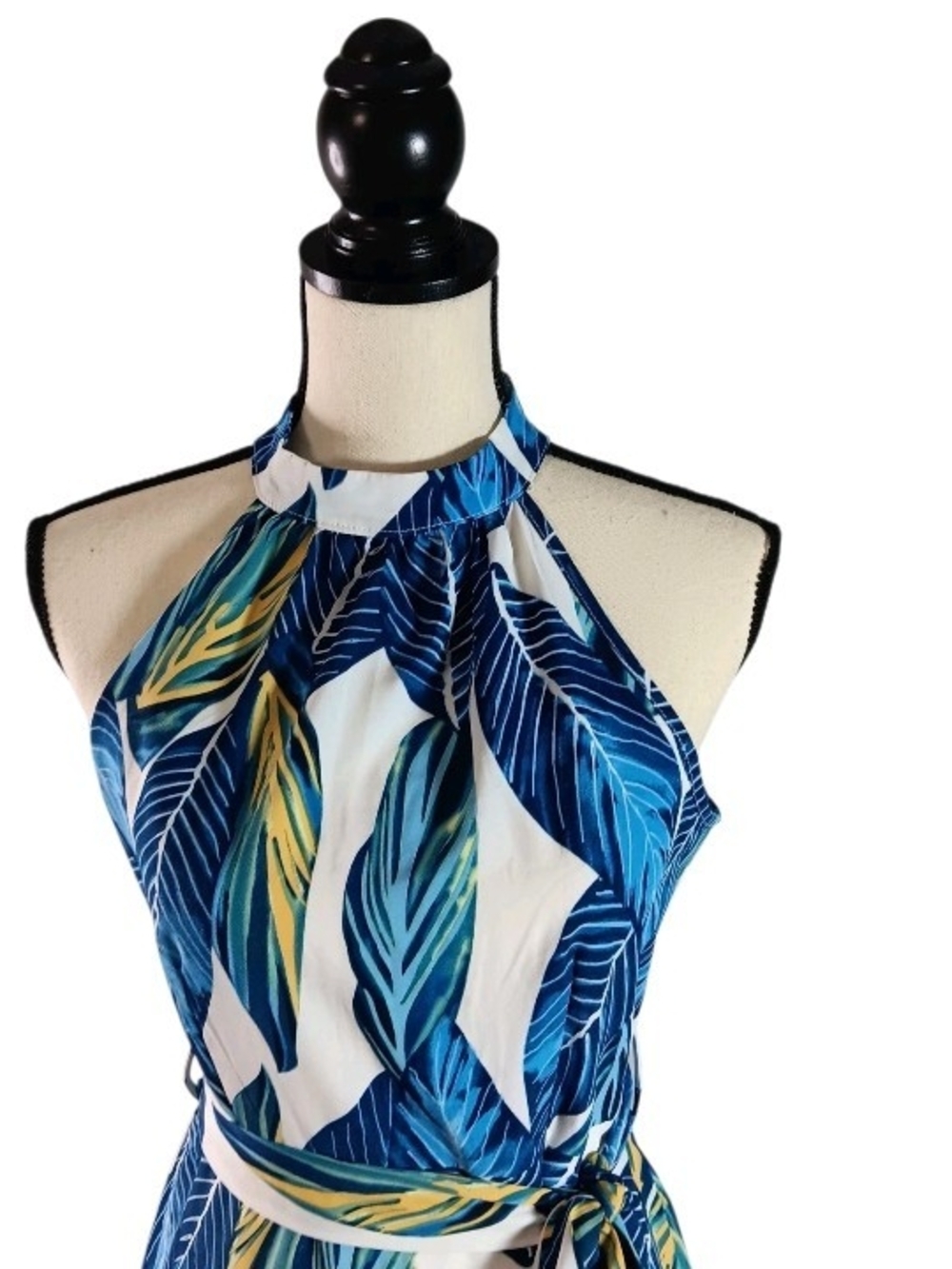 Women's Blue Green Tropical Leaf Print Halter Tie Waist Sundress - Picture 5 of 8